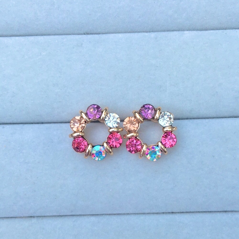 Rose, Champagne, Amethyst + Aurora Borealis Gold Circle Crystal Earrings - Picture 3 of 5